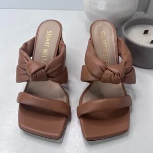 Stuart Weitzman Playa 75 Knot Leather Block Sandals Tan Women's US 5.5B Tried On